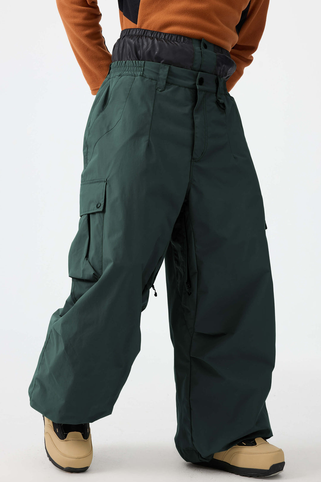 Men's Dark Green Lightweight Inner Leg Vents Baggy Snow Pants