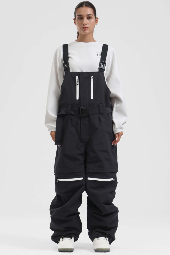 Women's White Zip-Off Legs Multi-pocket Baggy Snow Bibs