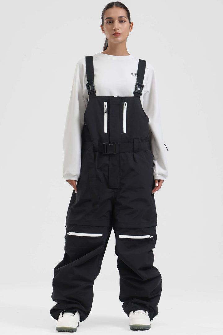 Women's Black Zip-Off Legs Multi-pocket Baggy Snow Bibs