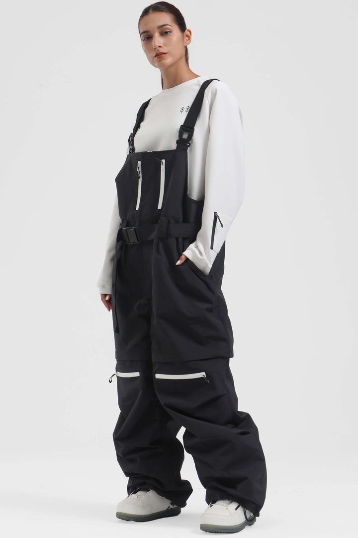 Women's Black Zip-Off Legs Multi-pocket Baggy Snow Bibs