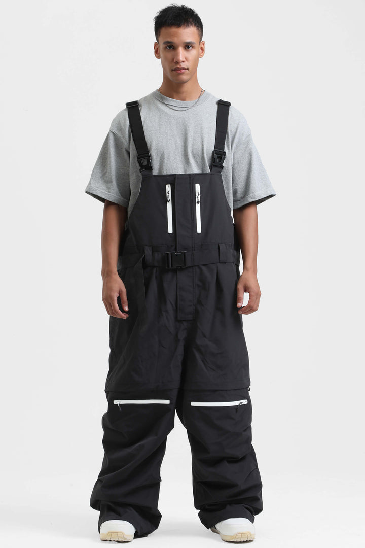 Men's White Zip-Off Legs Multi-pocket Baggy Snow Bibs