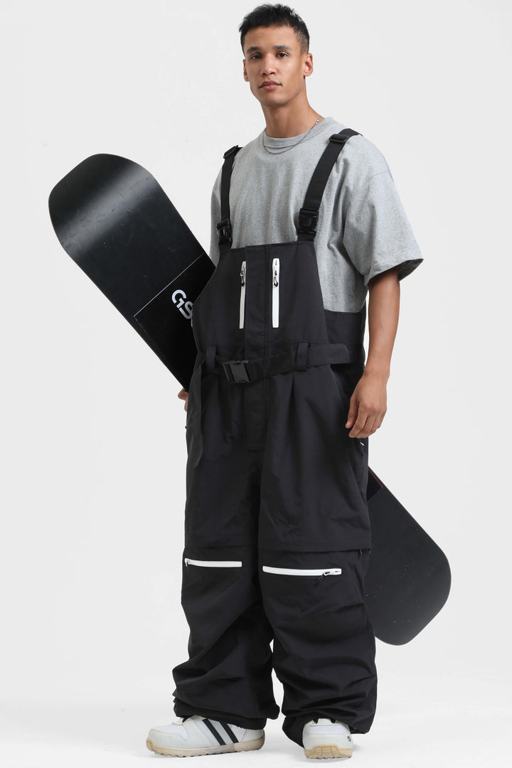 Men's Black Zip-Off Legs Multi-pocket Baggy Snow Bibs