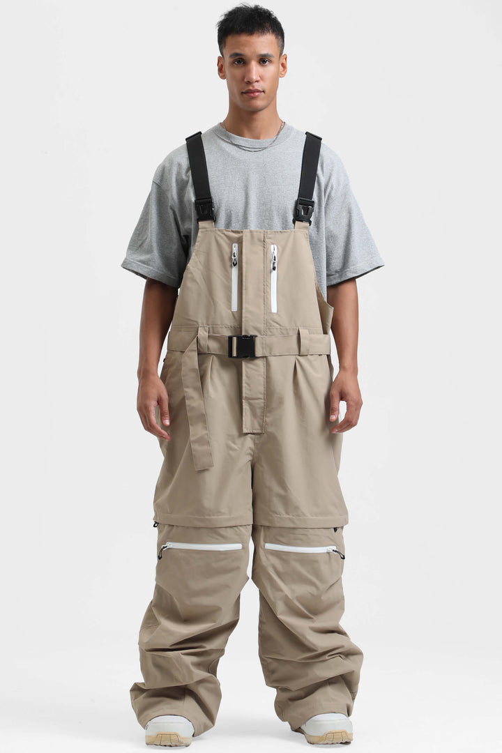 Men's White Zip-Off Legs Multi-pocket Baggy Snow Bibs