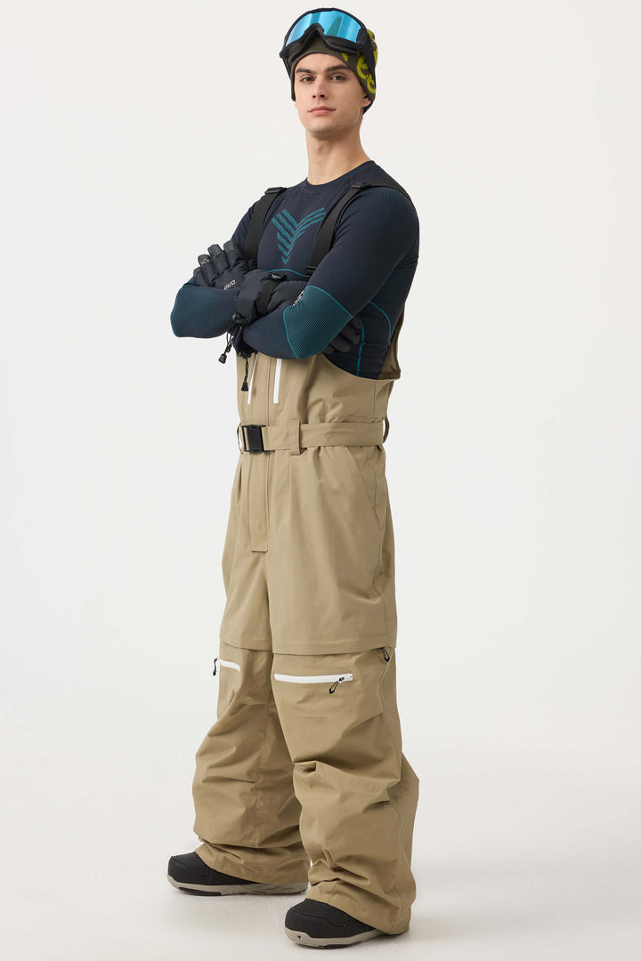 Men's Khaki Zip-Off Legs Multi-pocket Baggy Snow Bibs