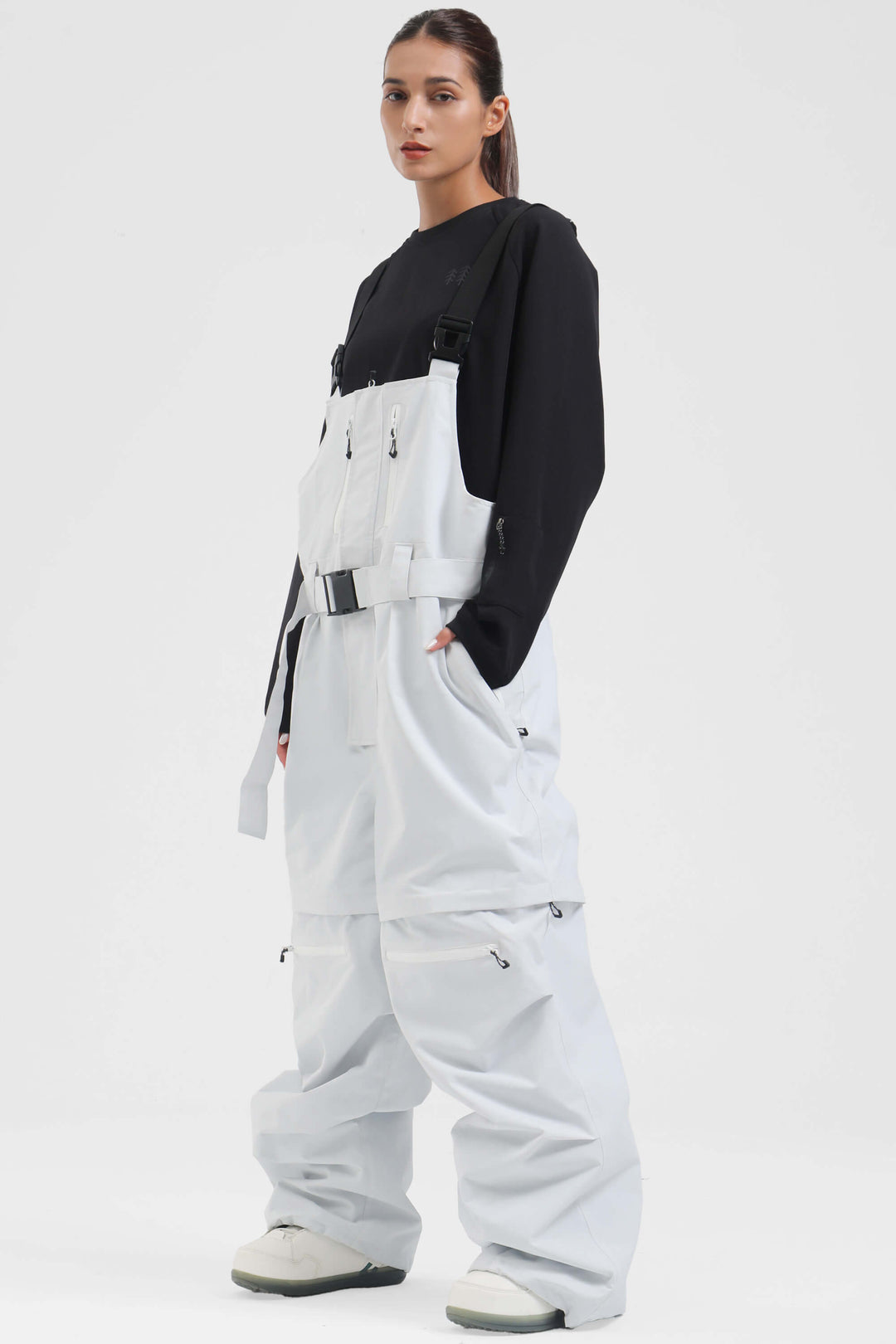 Women's White Zip-Off Legs Multi-pocket Baggy Snow Bibs