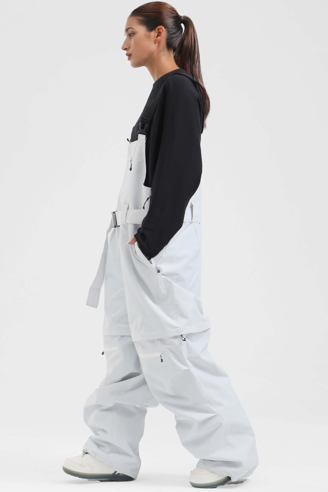 Women's White Zip-Off Legs Multi-pocket Baggy Snow Bibs