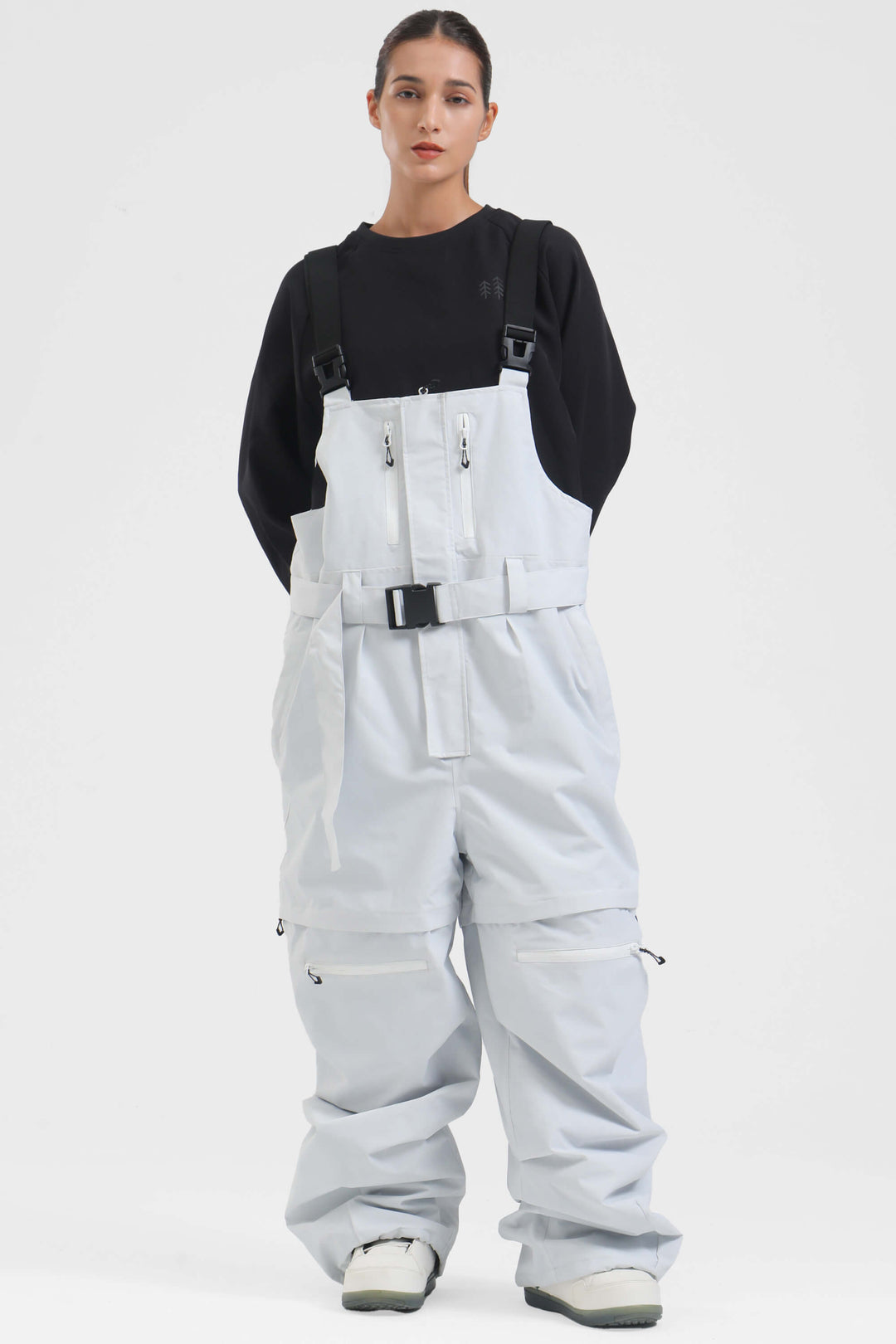 Women's White Zip-Off Legs Multi-pocket Baggy Snow Bibs