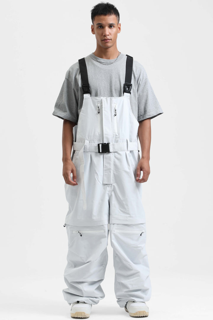 Men's White Zip-Off Legs Multi-pocket Baggy Snow Bibs