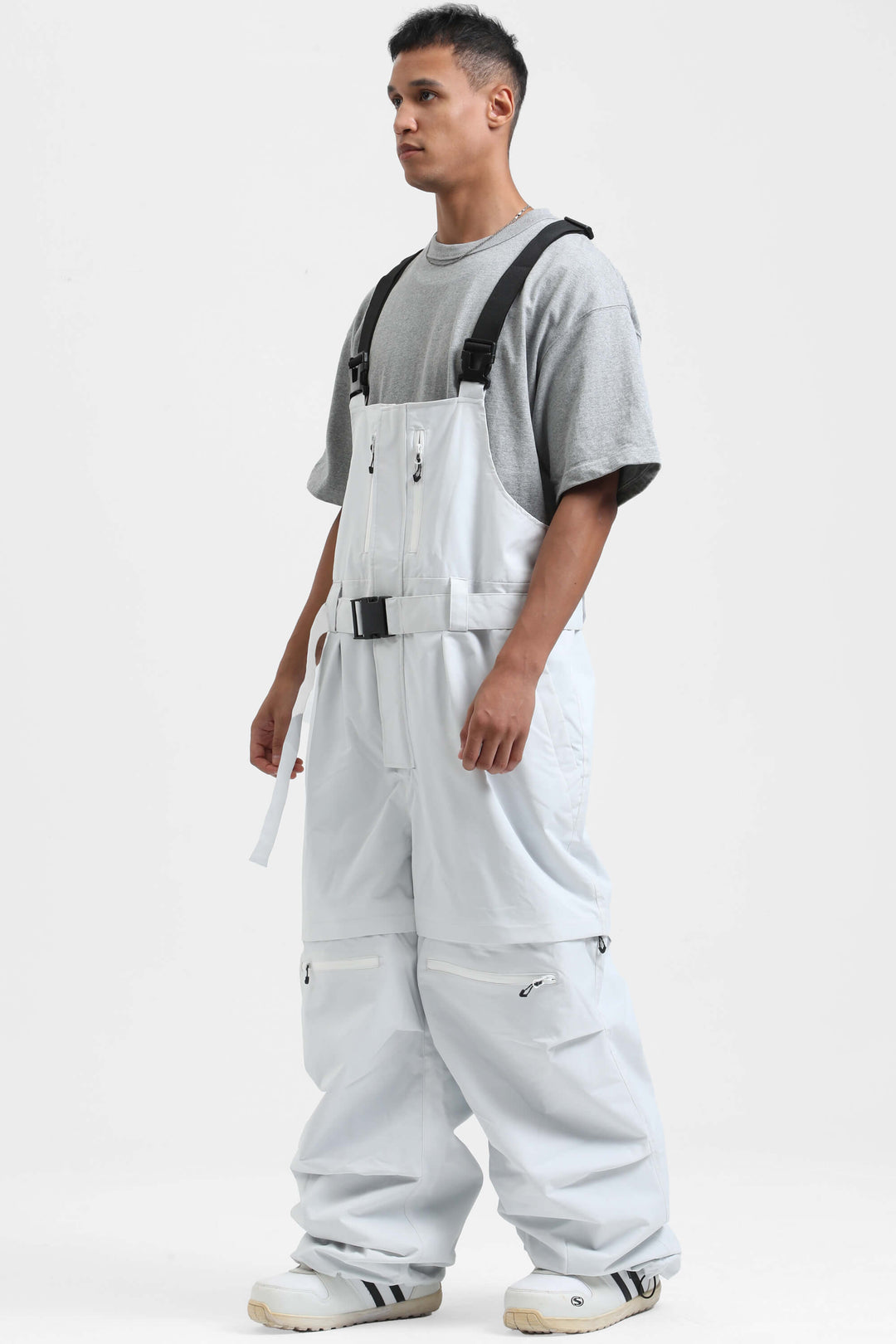 Men's White Zip-Off Legs Multi-pocket Baggy Snow Bibs