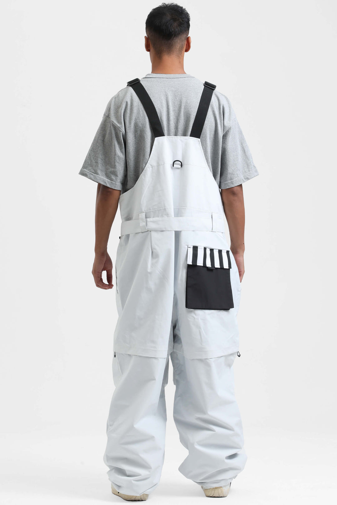 Men's White Zip-Off Legs Multi-pocket Baggy Snow Bibs