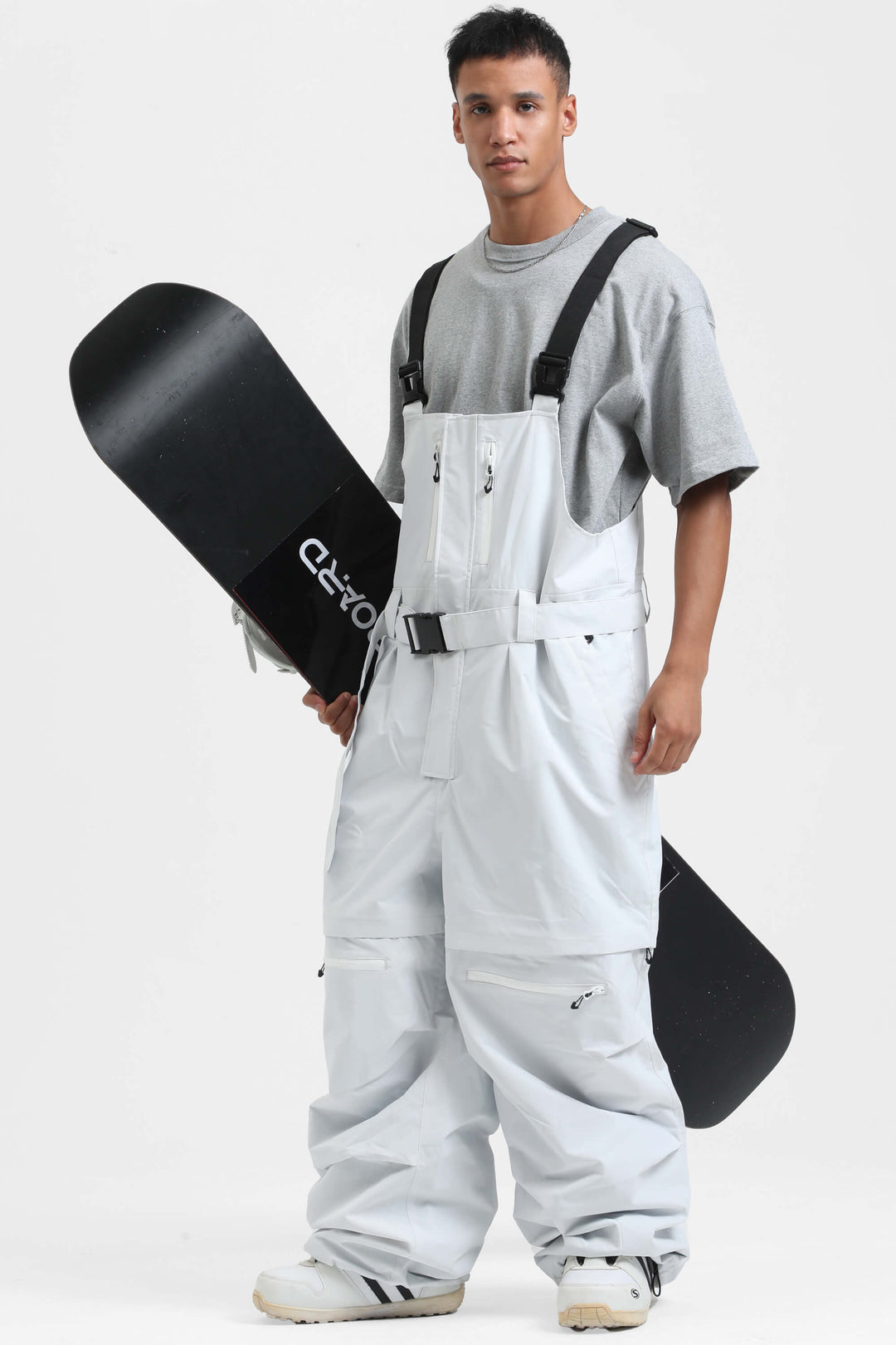 Men's White Zip-Off Legs Multi-pocket Baggy Snow Bibs