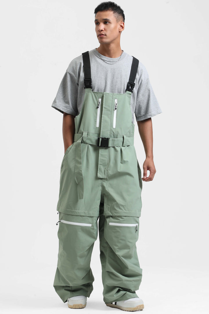 Men's Khaki Zip-Off Legs Multi-pocket Baggy Snow Bibs