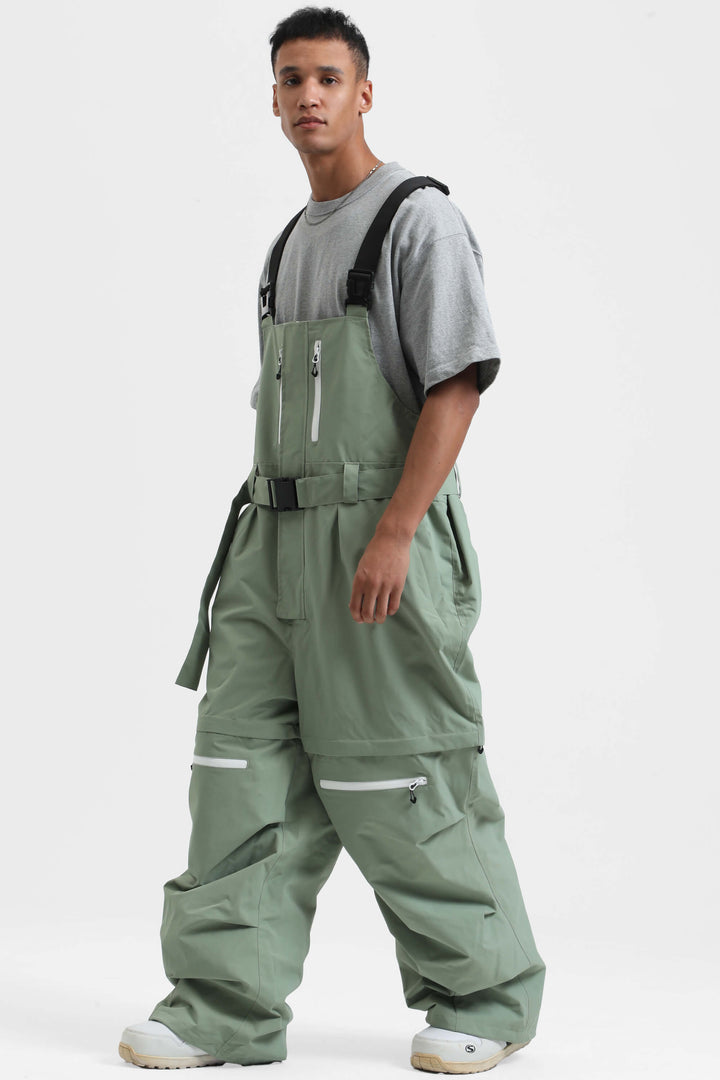 Men's White Zip-Off Legs Multi-pocket Baggy Snow Bibs