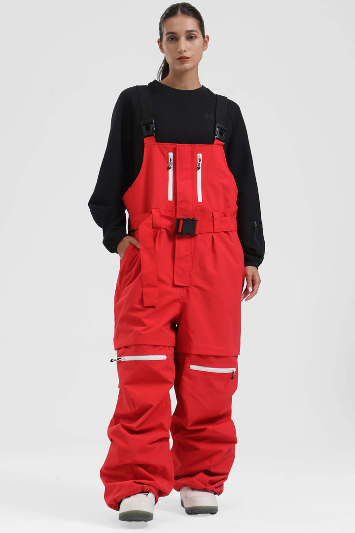 Women's Red Zip-Off Legs Multi-pocket Baggy Snow Bibs