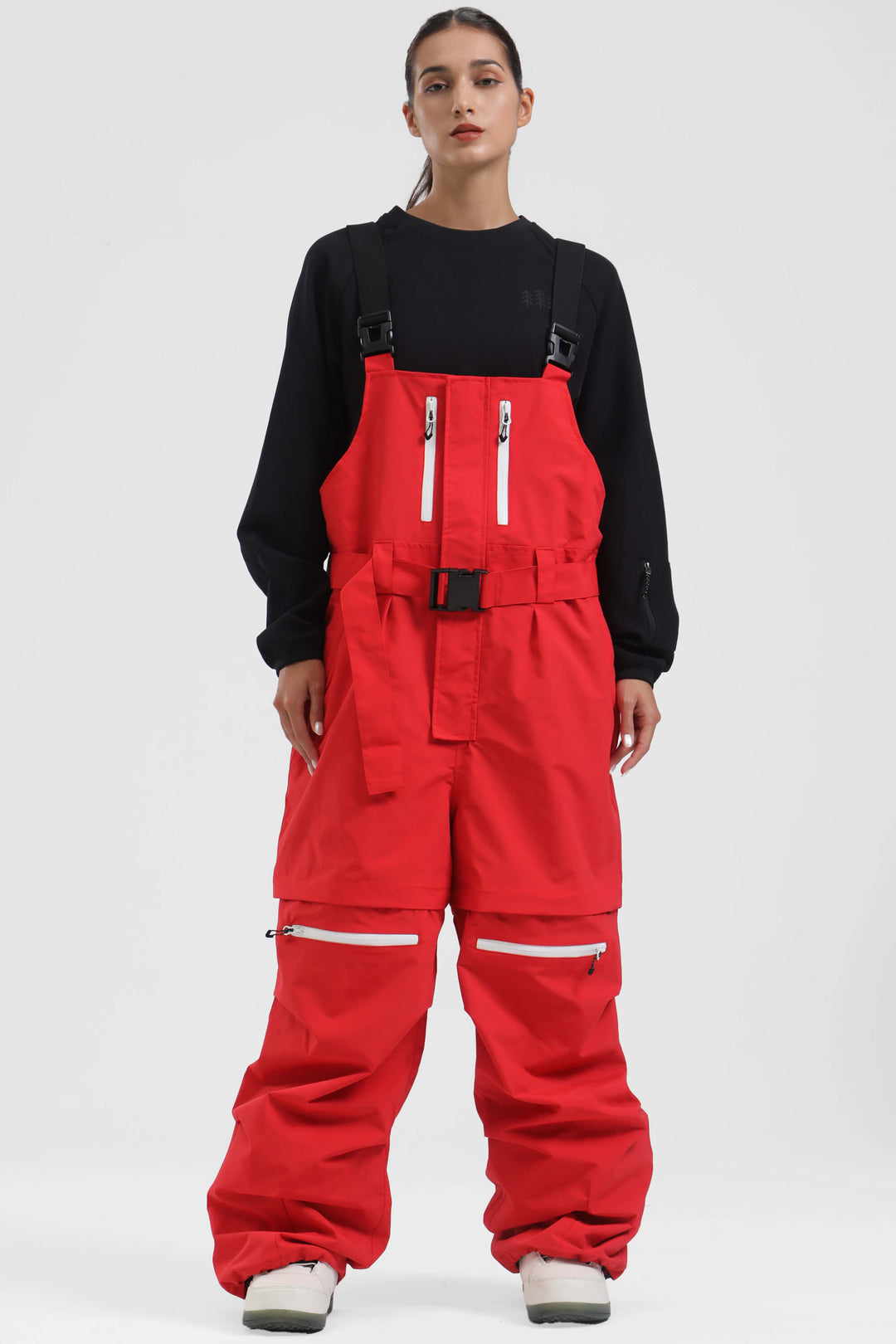 Women's Red Zip-Off Legs Multi-pocket Baggy Snow Bibs