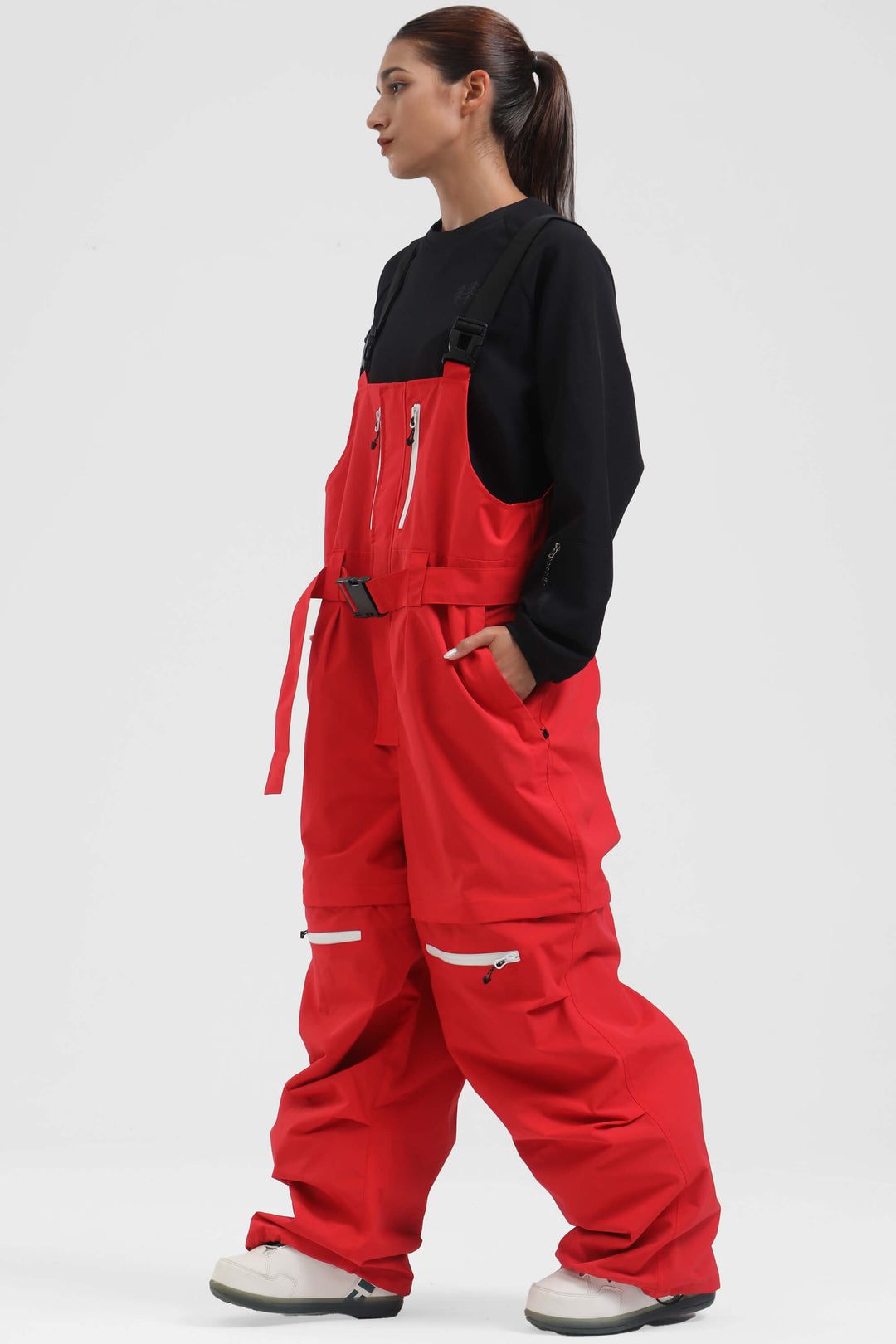 Women's Red Zip-Off Legs Multi-pocket Baggy Snow Bibs