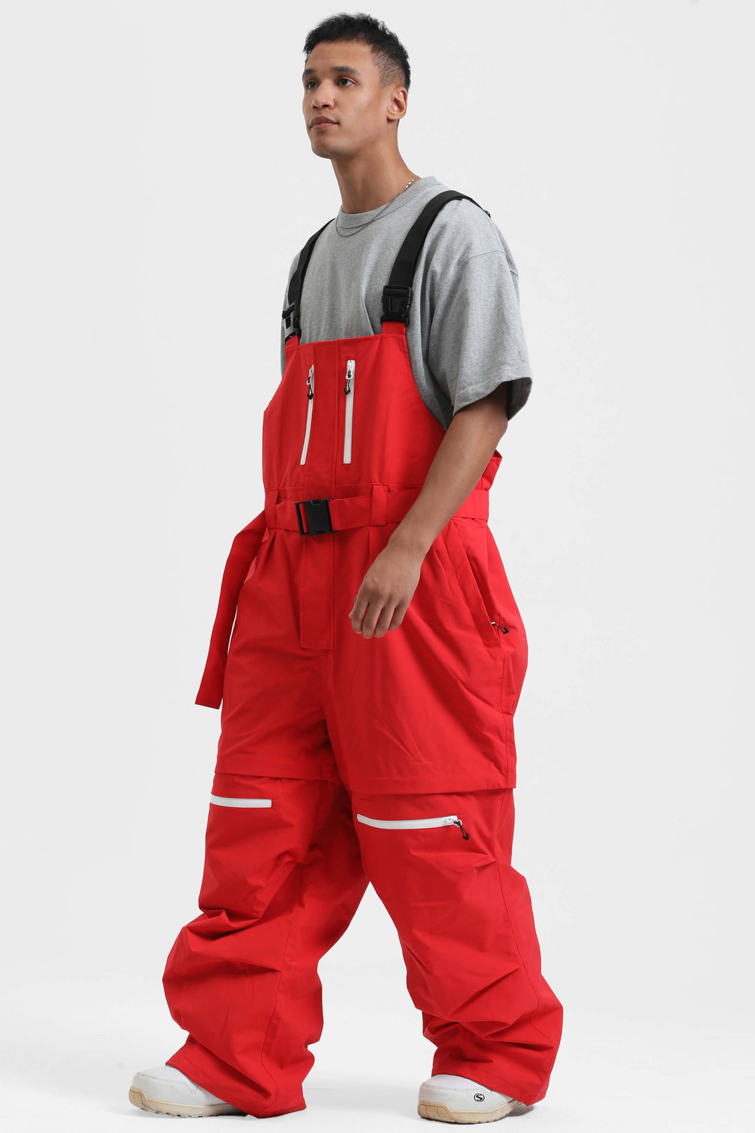 Men's White Zip-Off Legs Multi-pocket Baggy Snow Bibs