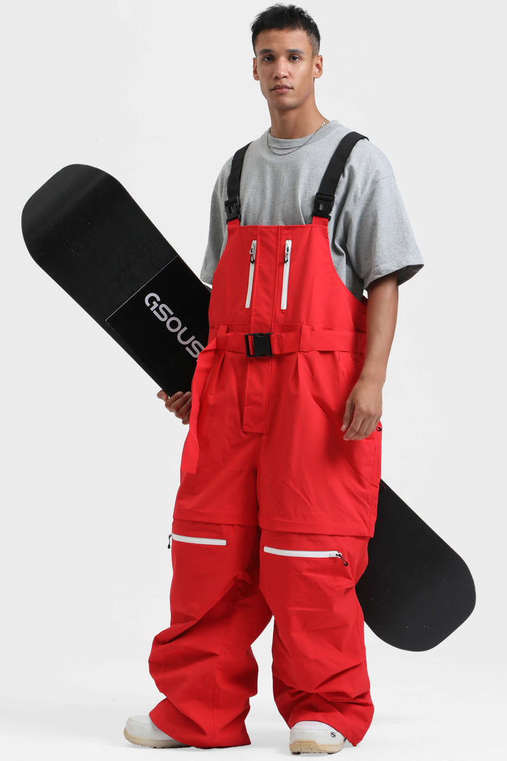 Men's White Zip-Off Legs Multi-pocket Baggy Snow Bibs