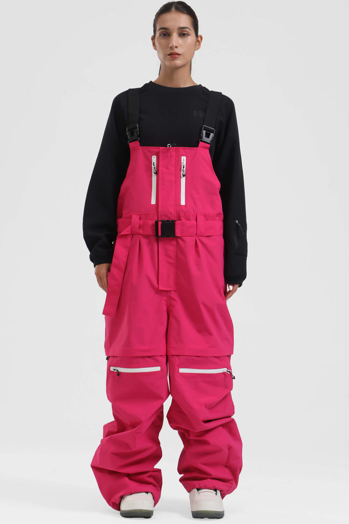 Women's Red Zip-Off Legs Multi-pocket Baggy Snow Bibs