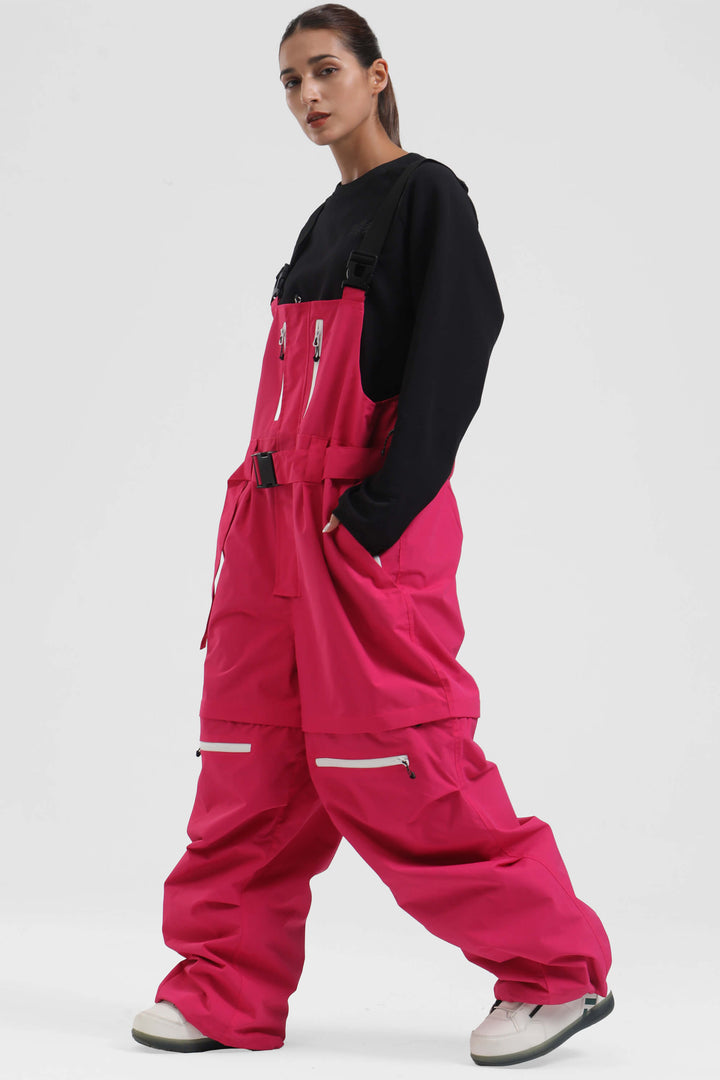 Women's Black Zip-Off Legs Multi-pocket Baggy Snow Bibs