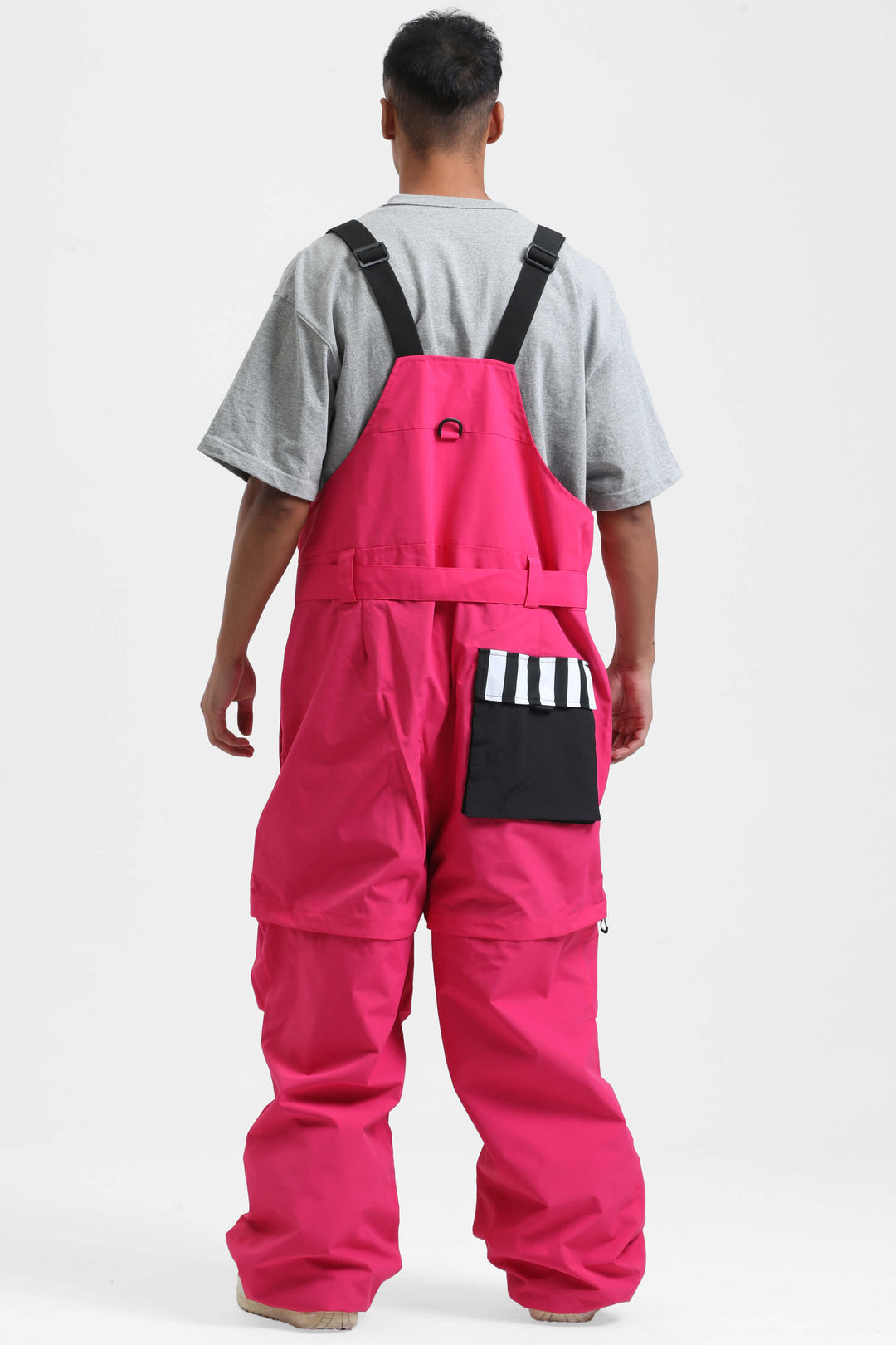 Men's Hot Pink Zip-Off Legs Multi-pocket Baggy Snow Bibs