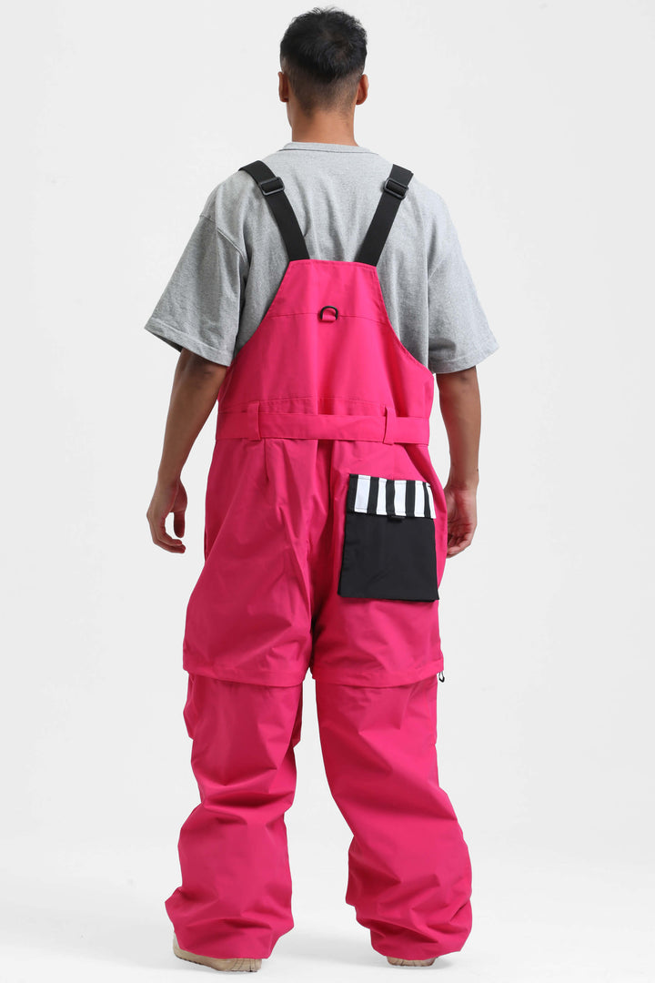 Men's Hot Pink Zip-Off Legs Multi-pocket Baggy Snow Bibs