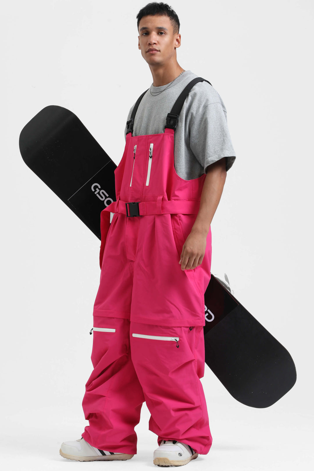 Men's Hot Pink Zip-Off Legs Multi-pocket Baggy Snow Bibs