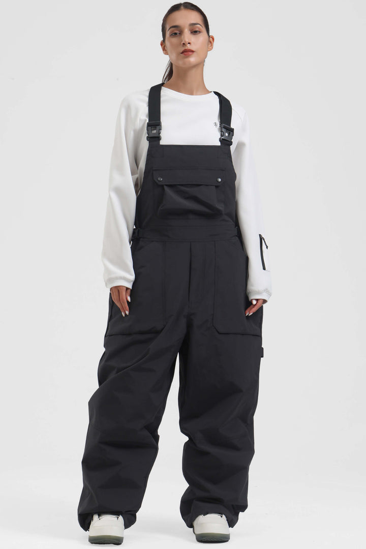 Unisex Black Two-way Side Zippers Baggy Snow Bibs