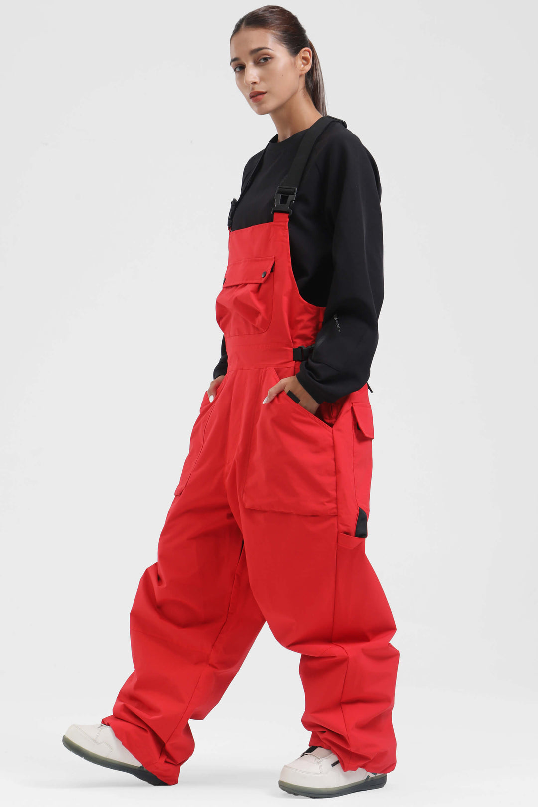 Unisex Red Two-way Side Zippers Baggy Snow Bibs