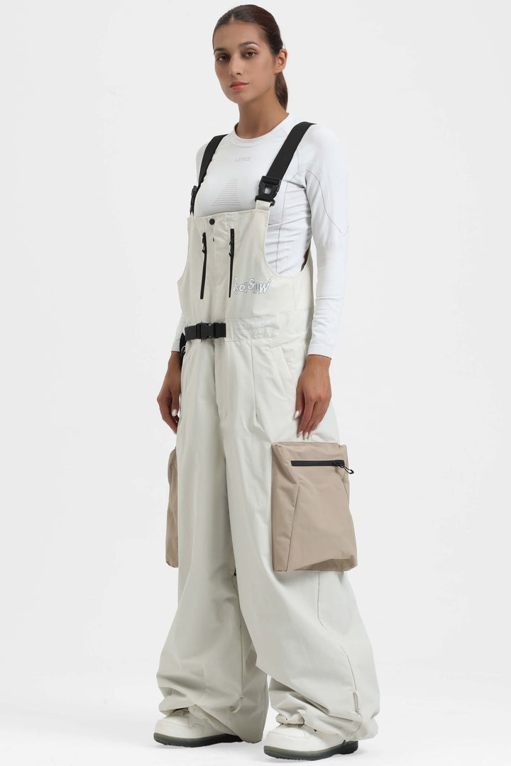 Women's Off White Workwear Style Built-in Belt Super Baggy Snow Bibs