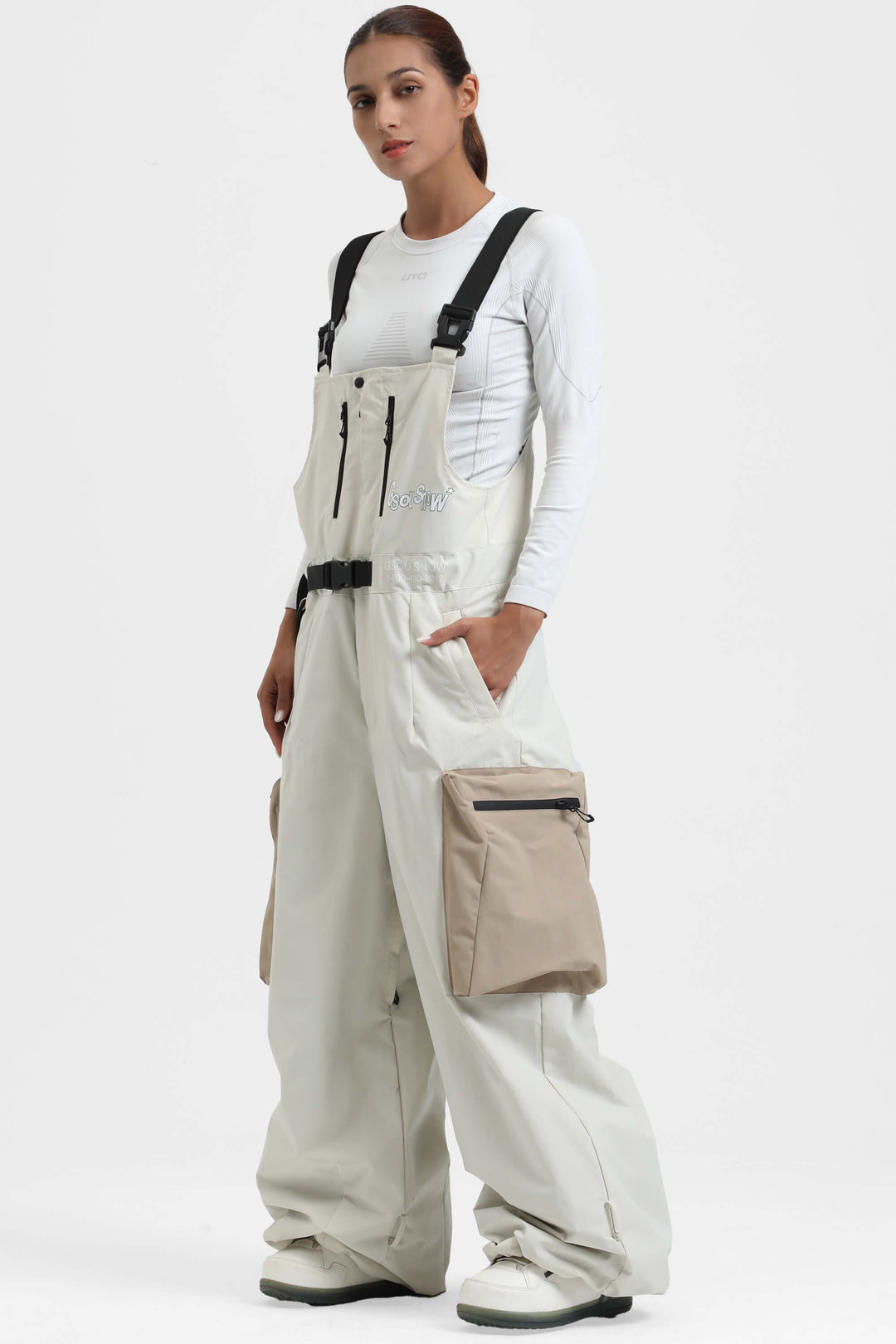 Women's Khaki Workwear Style Built-in Belt Super Baggy Snow Bibs