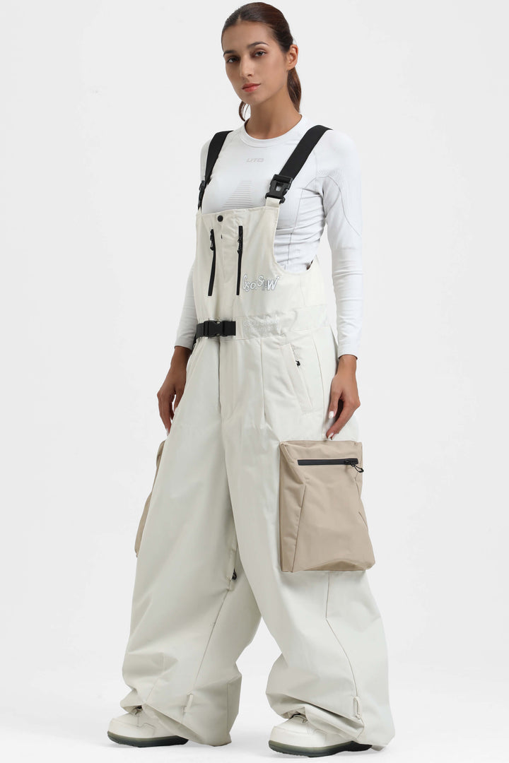 Women's Off White Workwear Style Built-in Belt Super Baggy Snow Bibs