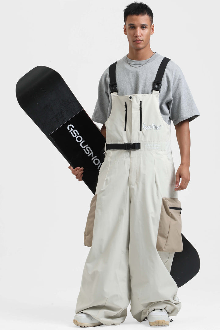 Black Workwear Style Built-in Belt Super Baggy Snow Bibs