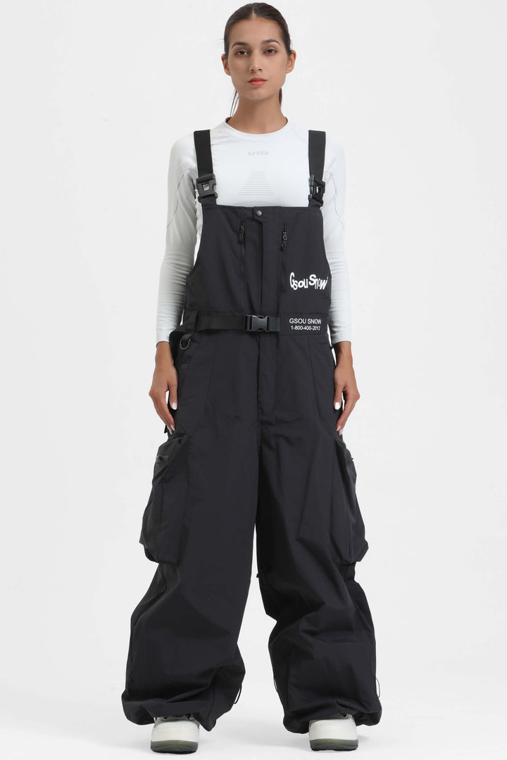 Women's Black Workwear Style Built-in Belt Super Baggy Snow Bibs