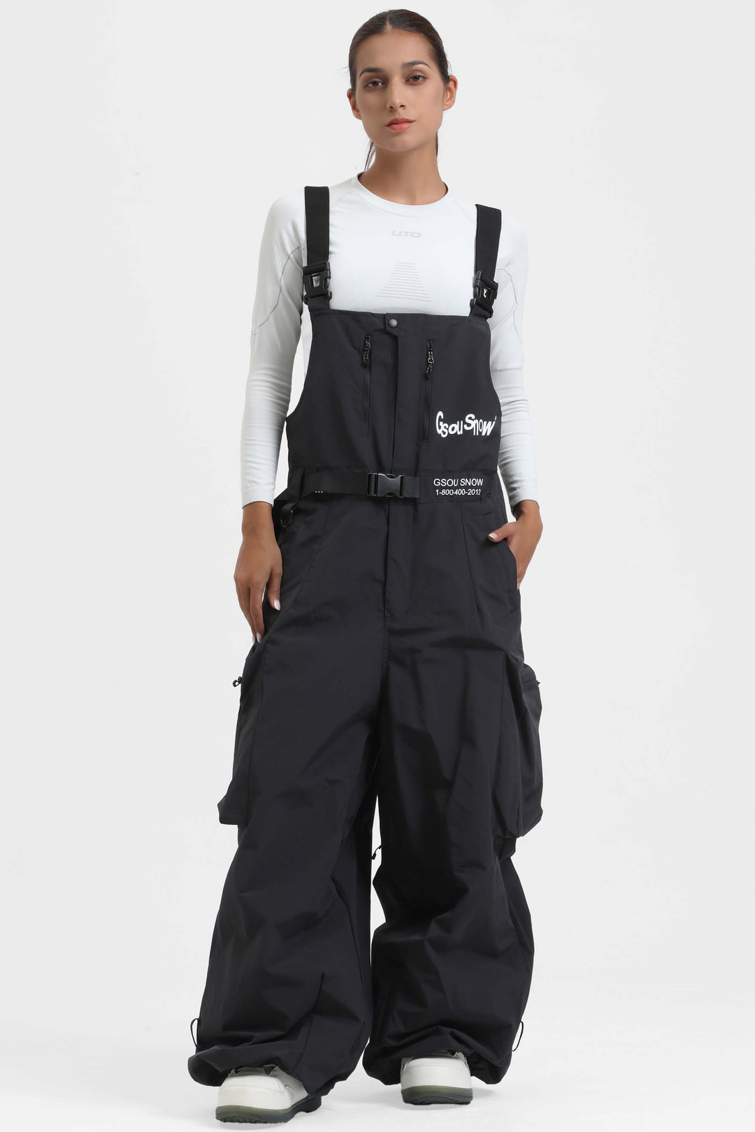 Women's Off White Workwear Style Built-in Belt Super Baggy Snow Bibs