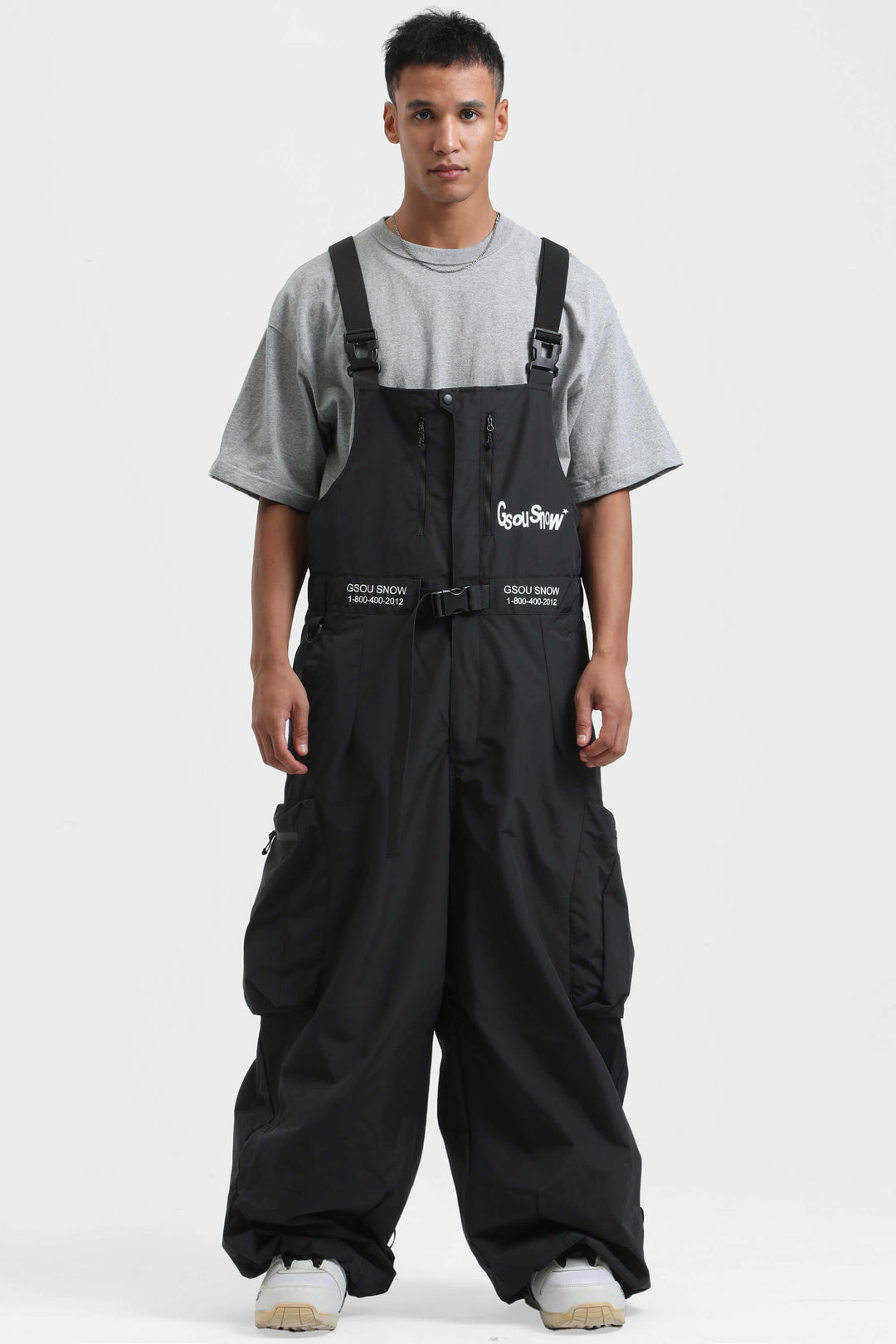 Black Workwear Style Built-in Belt Super Baggy Snow Bibs