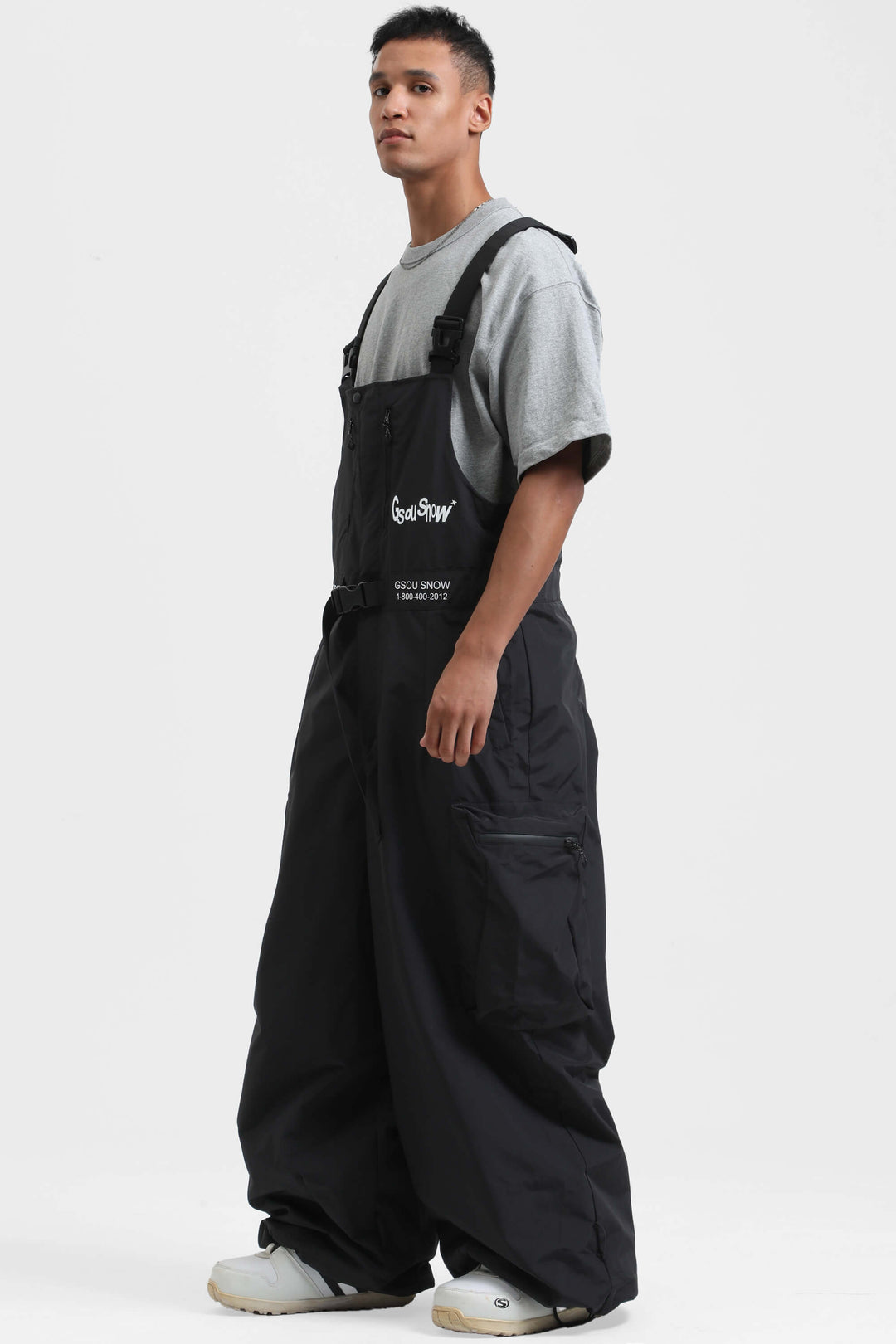 Black Workwear Style Built-in Belt Super Baggy Snow Bibs