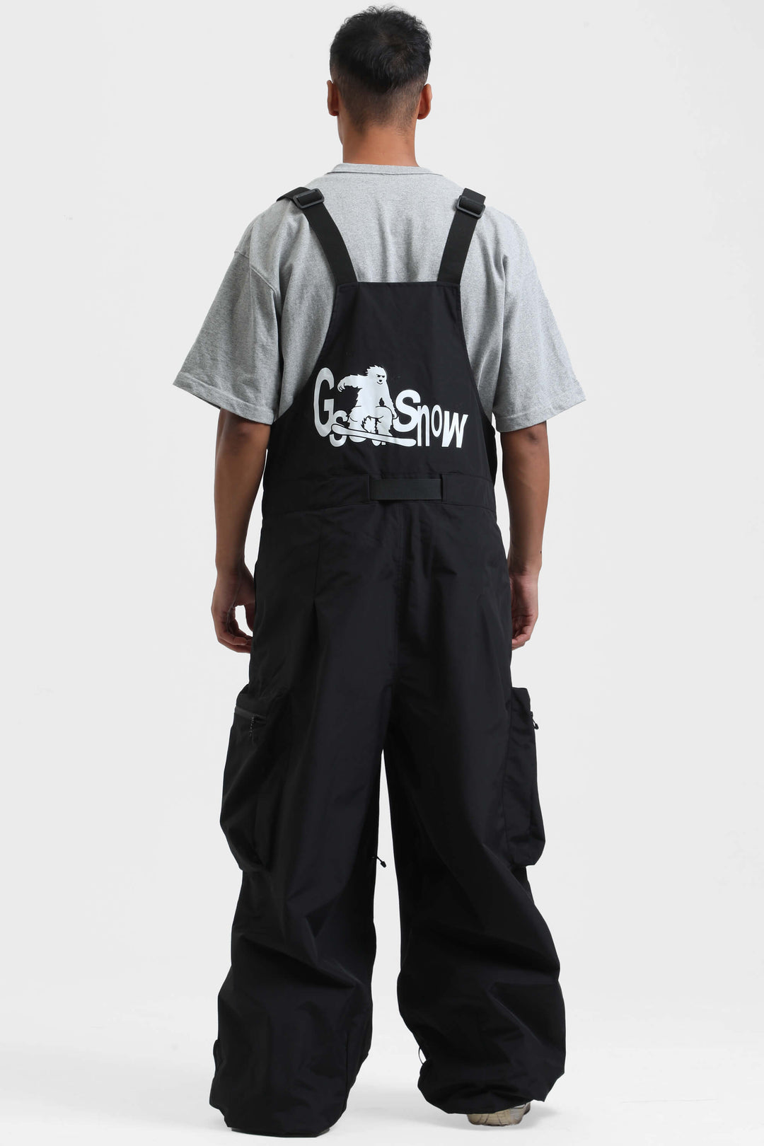 Men's Black Workwear Style Built-in Belt Super Baggy Snow Bibs