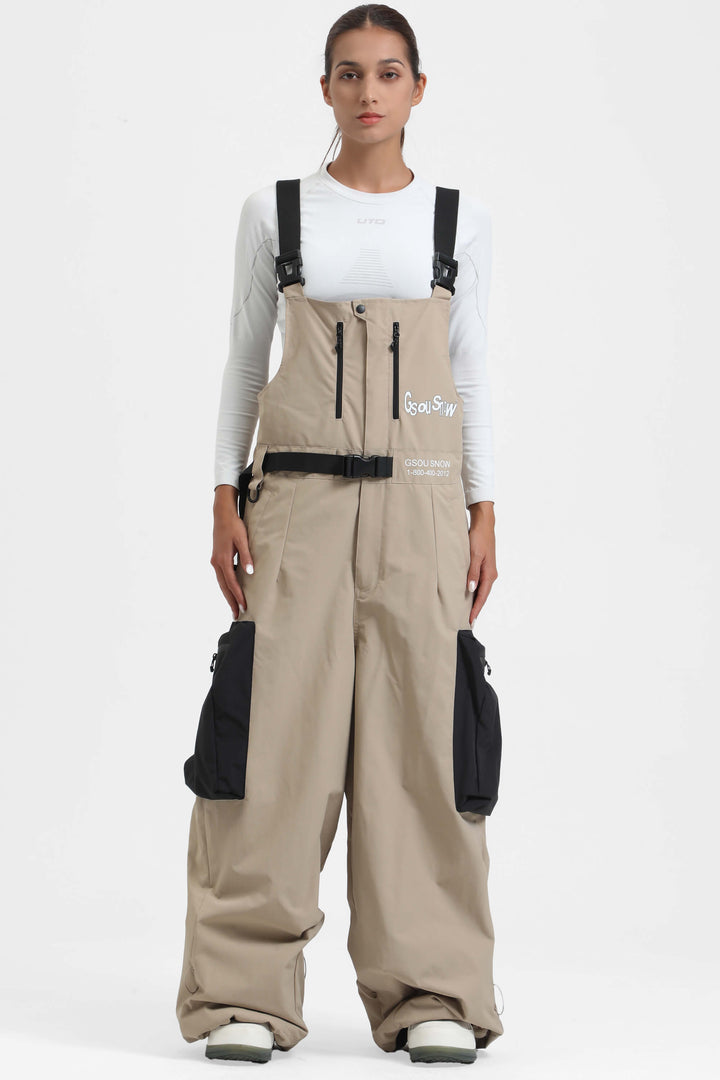 Women's Khaki Workwear Style Built-in Belt Super Baggy Snow Bibs