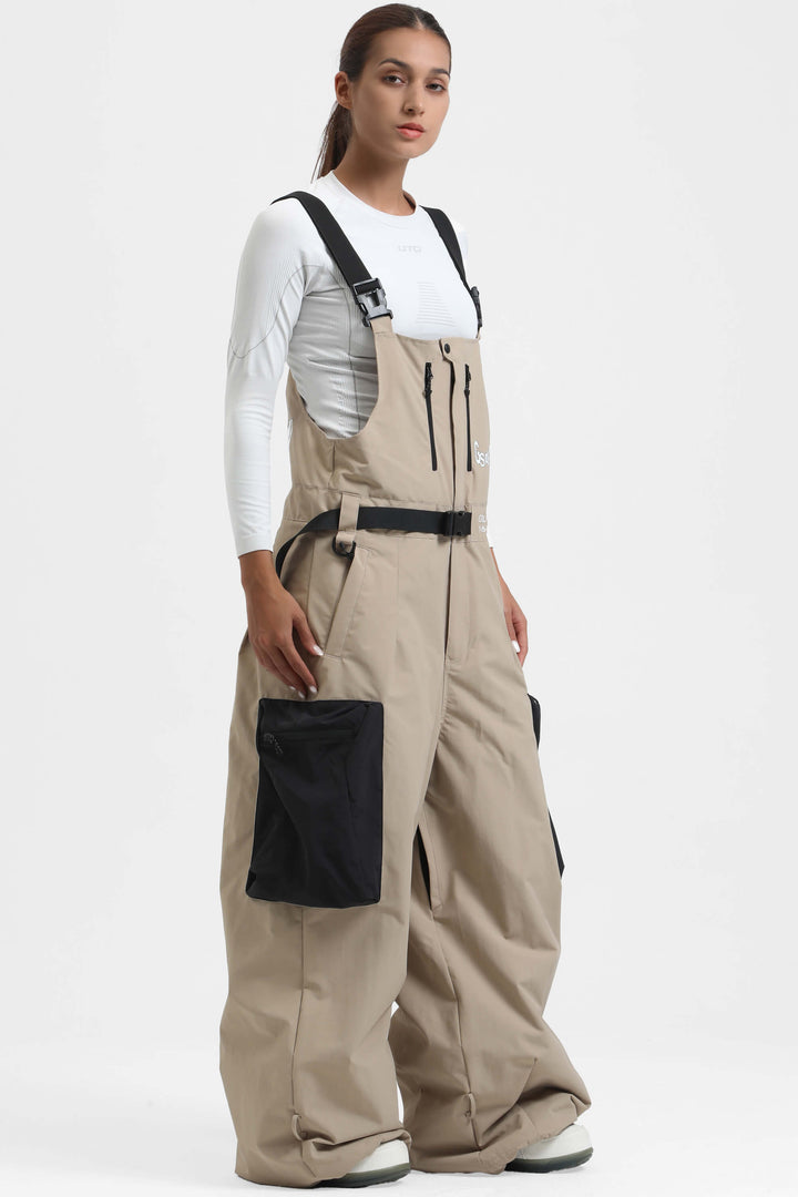 Women's Khaki Workwear Style Built-in Belt Super Baggy Snow Bibs