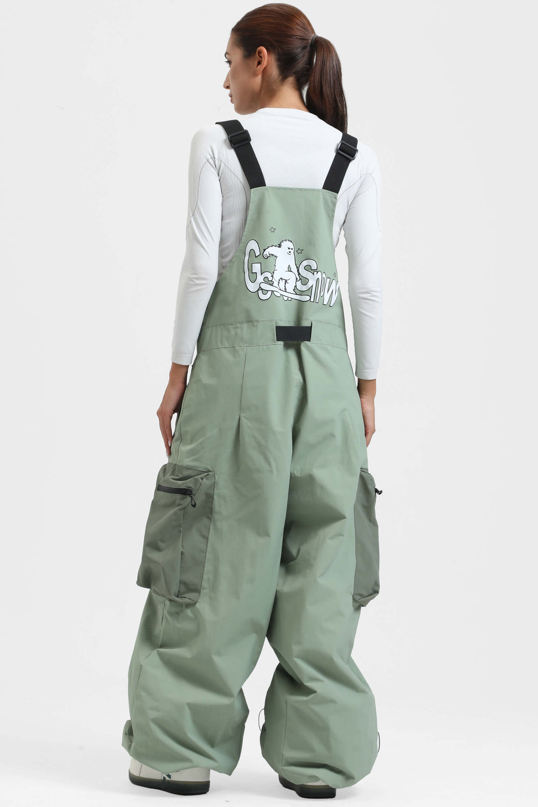 Women's Khaki Workwear Style Built-in Belt Super Baggy Snow Bibs