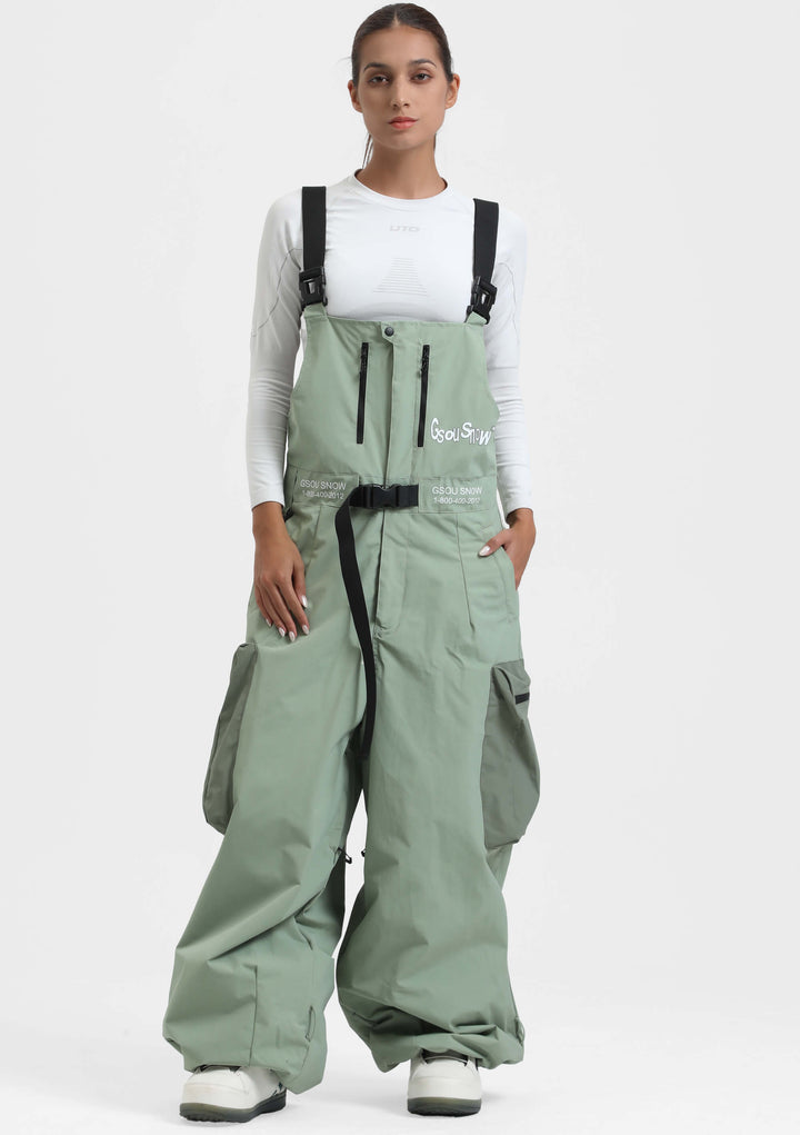 Women's Khaki Workwear Style Built-in Belt Super Baggy Snow Bibs