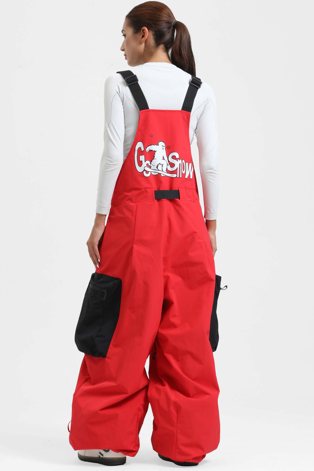 Women's Black Workwear Style Built-in Belt Super Baggy Snow Bibs