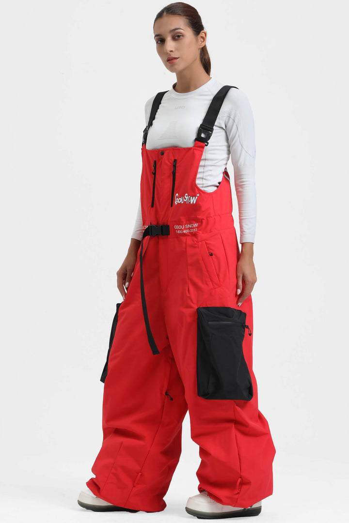 Women's Black Workwear Style Built-in Belt Super Baggy Snow Bibs