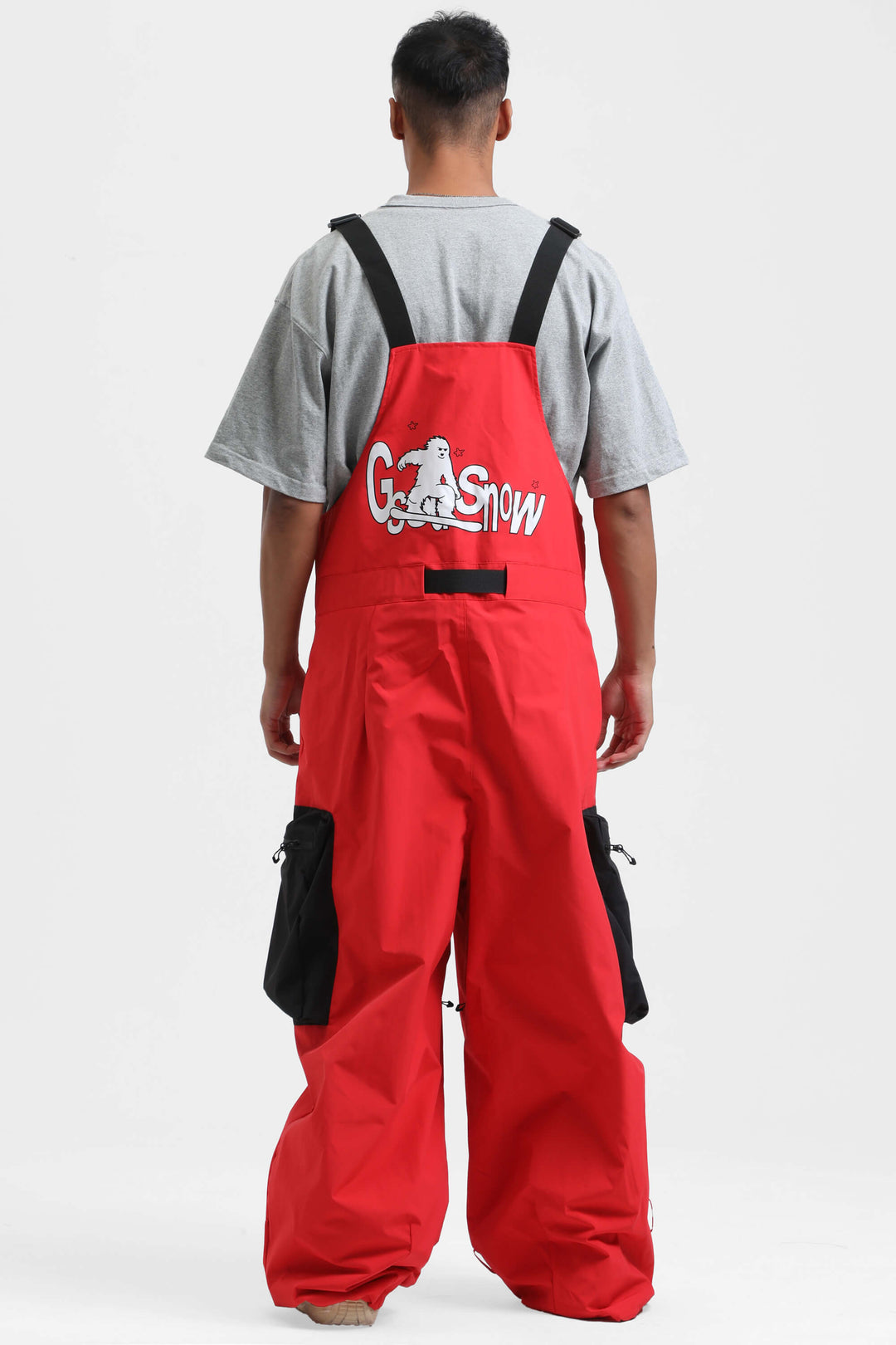 Men's Red Workwear Style Built-in Belt Super Baggy Snow Bibs