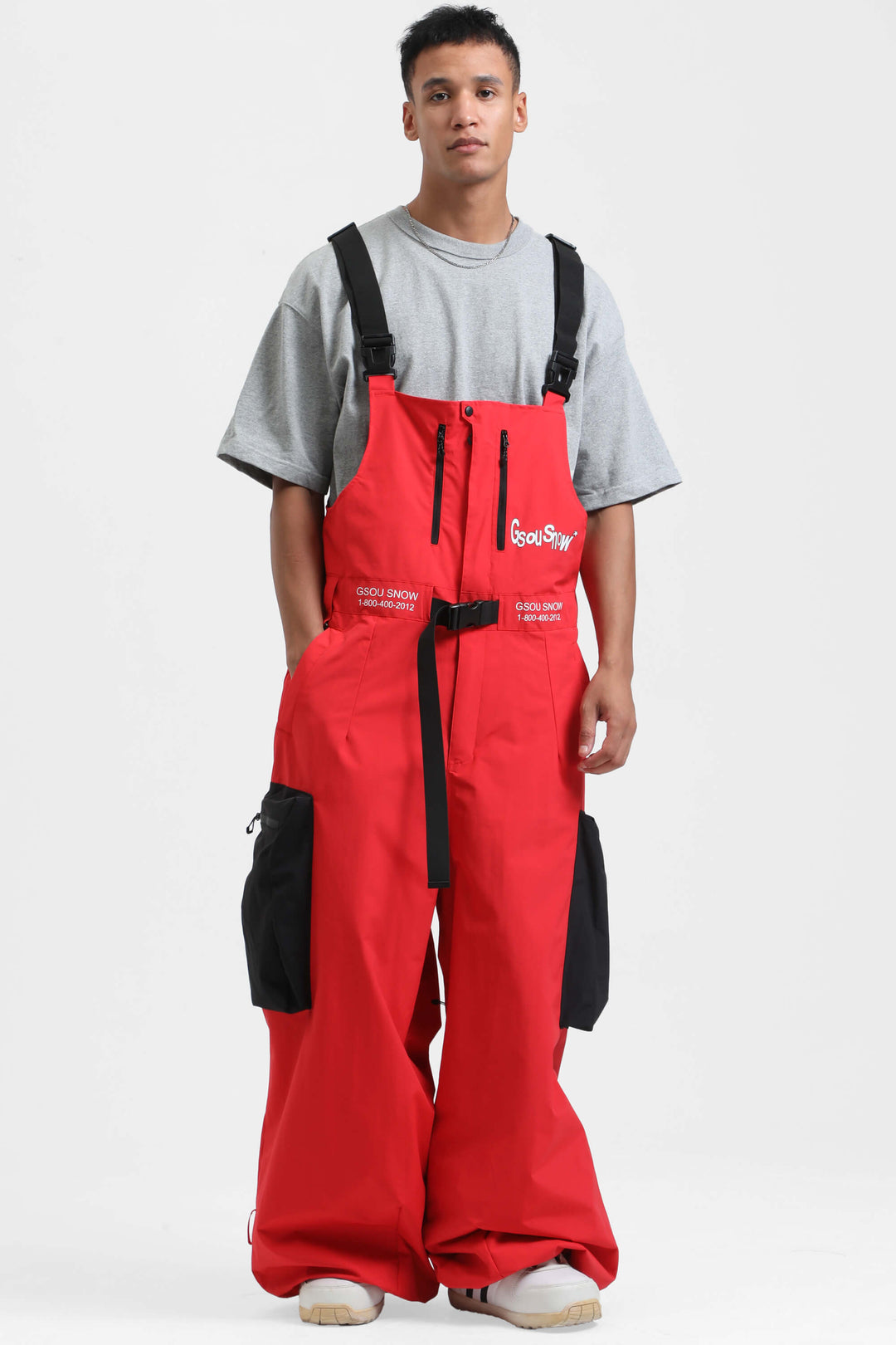 Men's Red Workwear Style Built-in Belt Super Baggy Snow Bibs