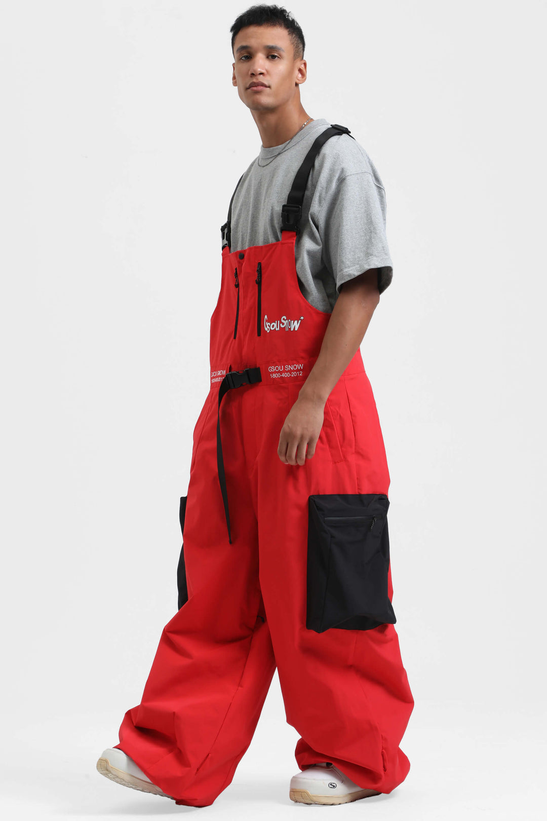 Men's Red Workwear Style Built-in Belt Super Baggy Snow Bibs