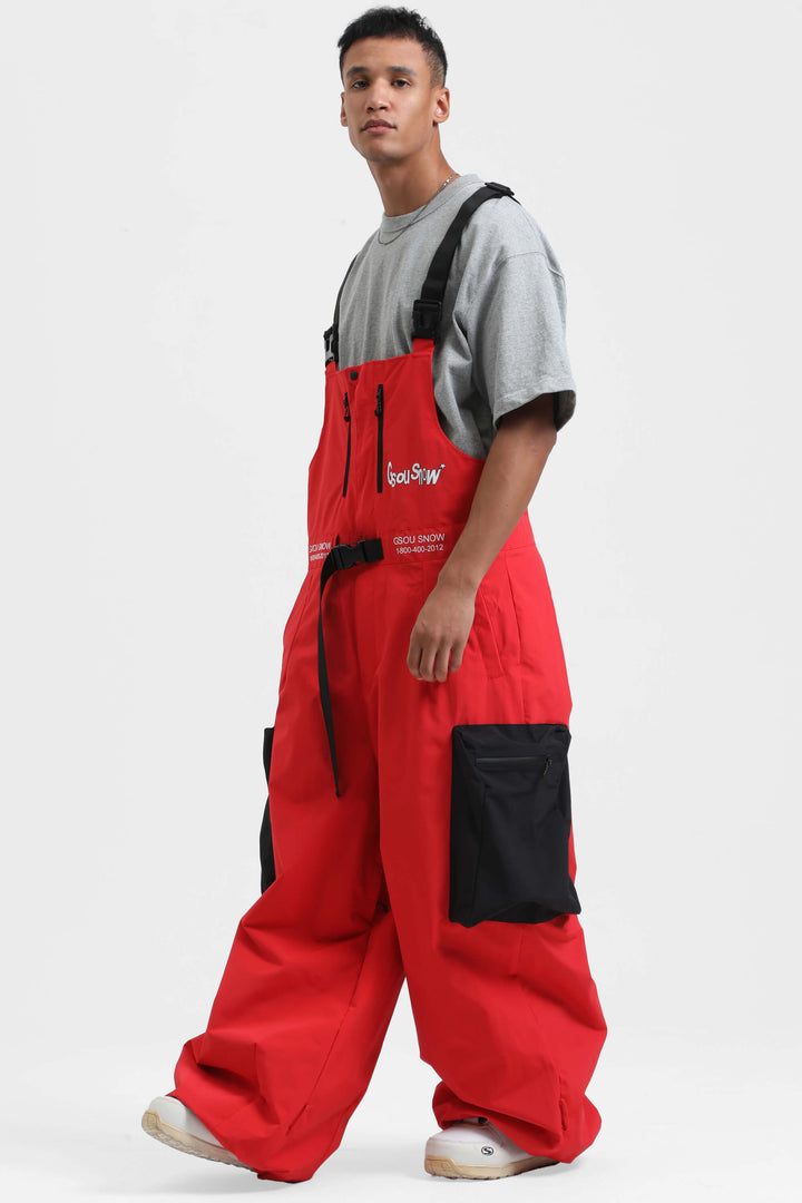 Black Workwear Style Built-in Belt Super Baggy Snow Bibs