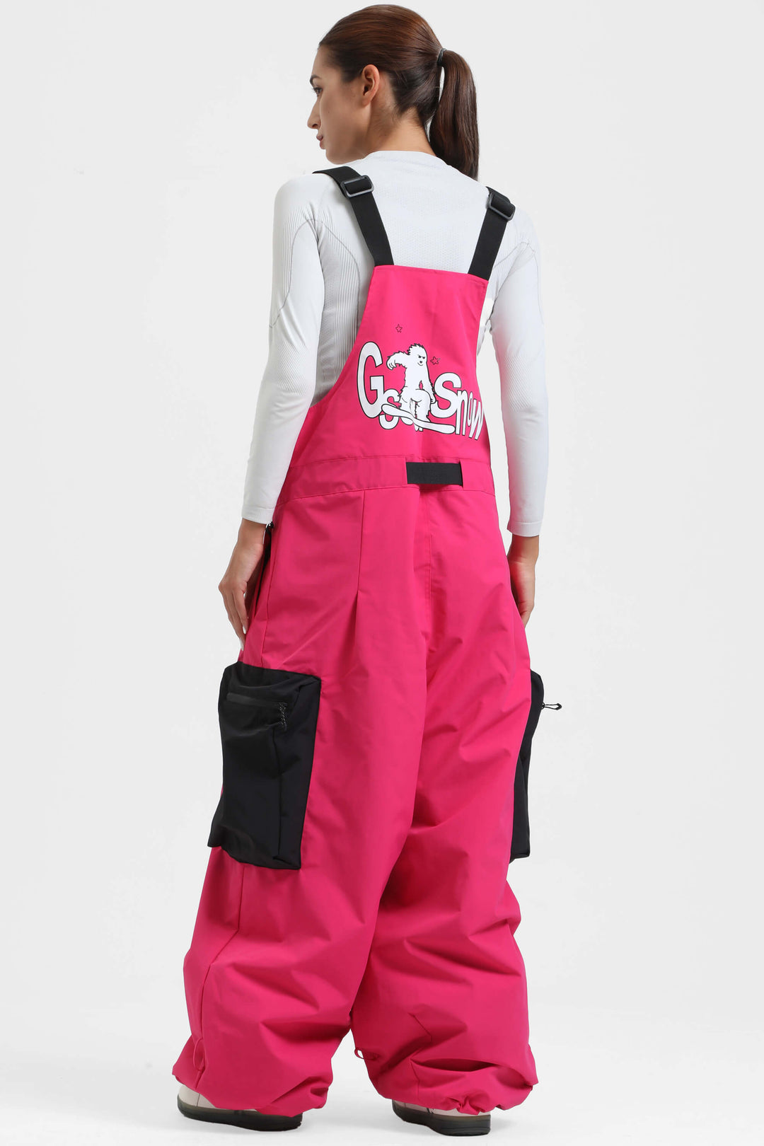 Women's Hot Pink Workwear Style Built-in Belt Super Baggy Snow Bibs