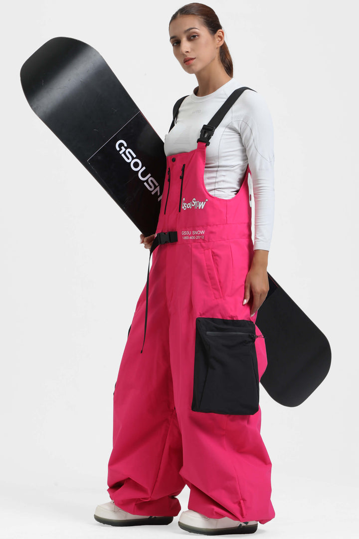 Women's Black Workwear Style Built-in Belt Super Baggy Snow Bibs